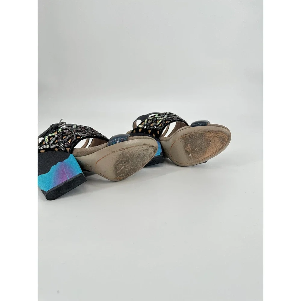 Dries Van Noten SS11 Sequin Embellished Iridescent Block Heel Sandals 36 / US 6